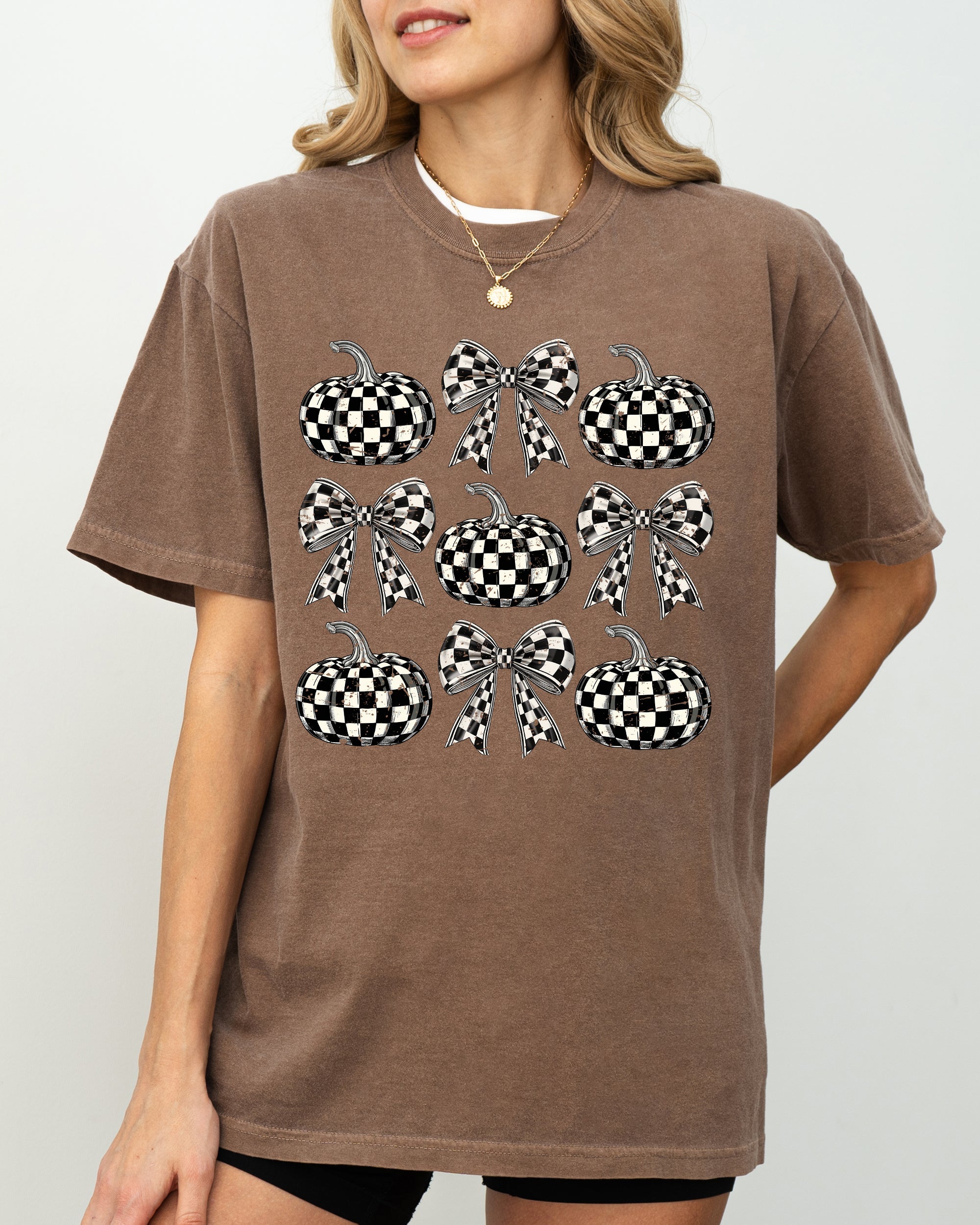 Checkered Retro Pumpkins Coquette Ribbons Bows Halloween Autumn Fall Comfort Colors Tee