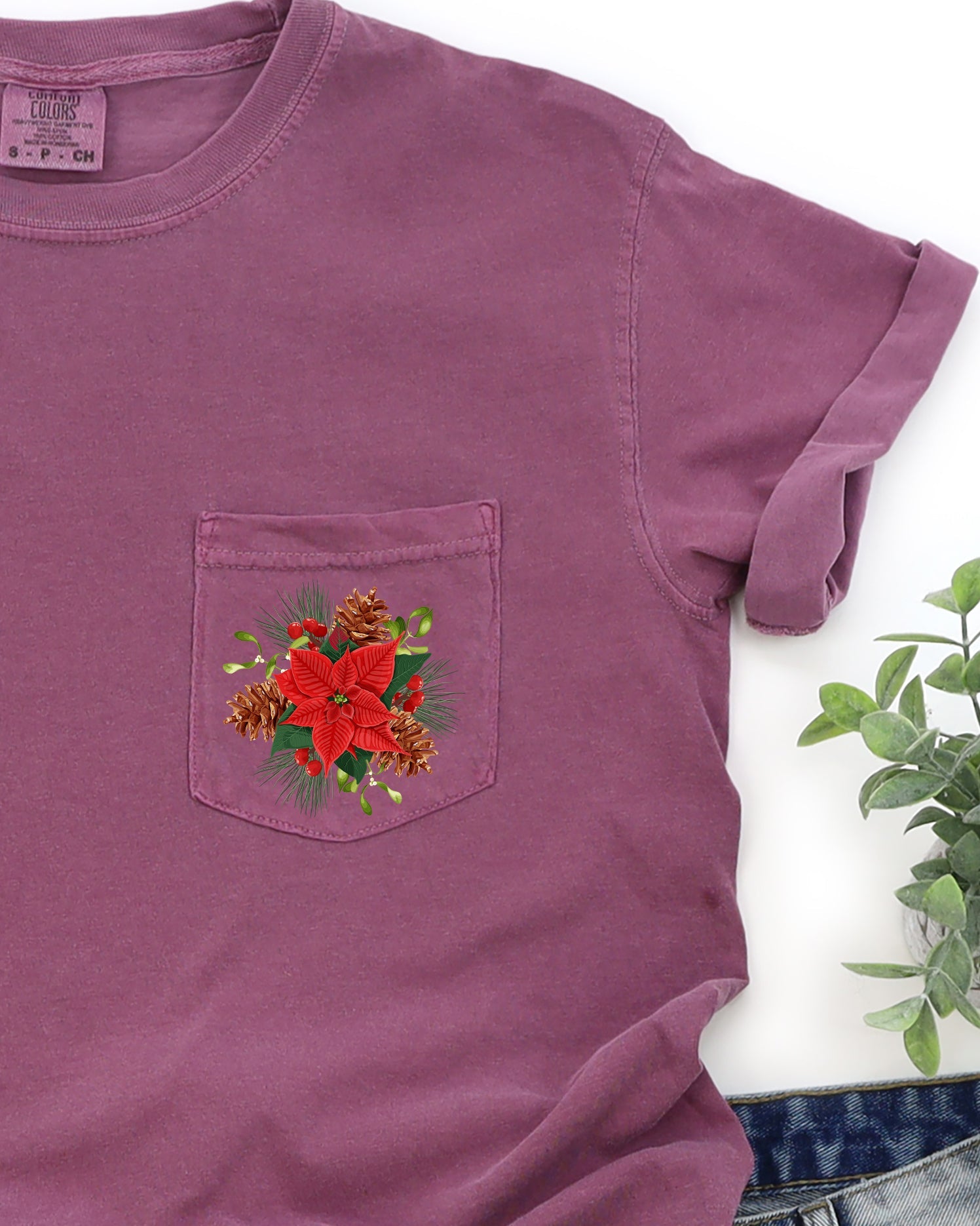 Christmas Flowers Pocket Floral Mistletoe Poinsettia Winter Snow Botanical Xmas Comfort Colors Tee