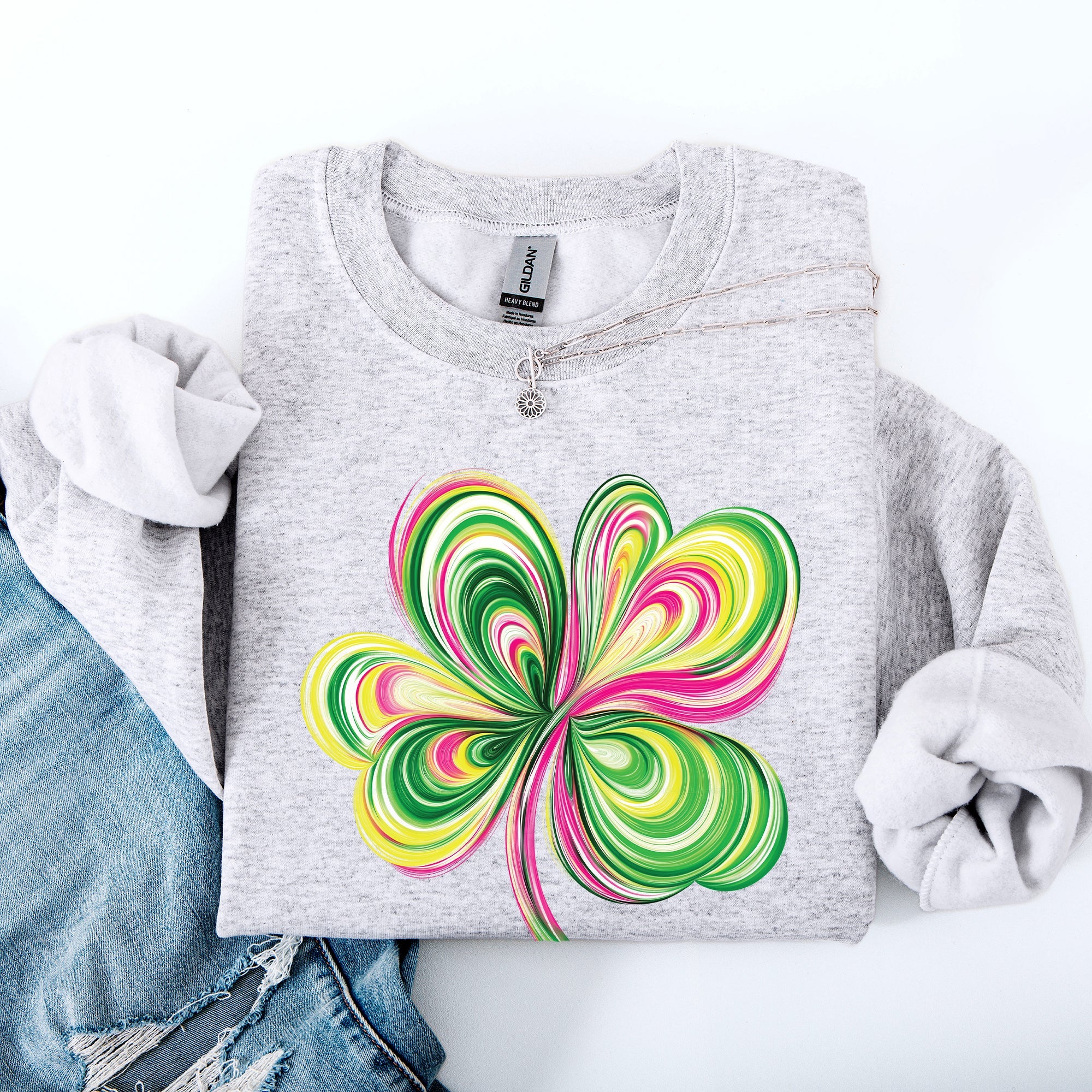 Colorful Painted St Patrick's Day Shamrock Clover Lucky Leprechaun Graphic Sweatshirt