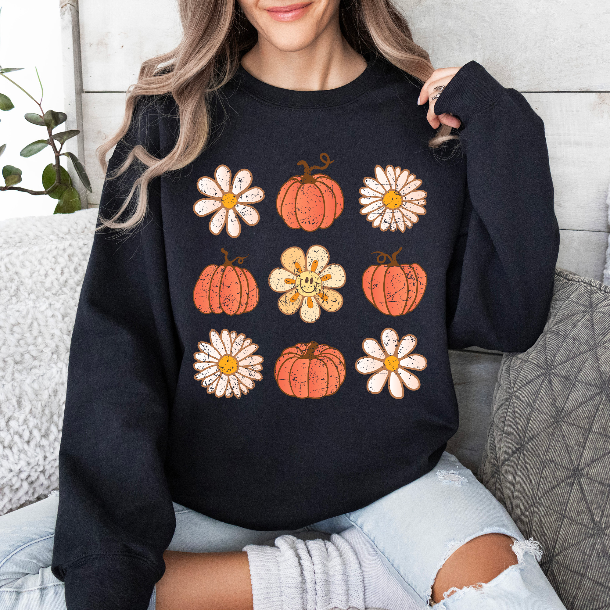 Flowers And Pumpkins Minimalist Autumn Fall Halloween Seasonal Floral Print Sweatshirt