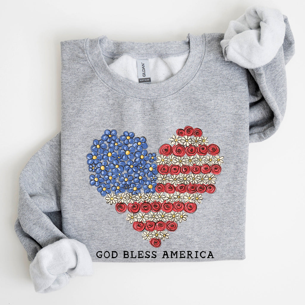 God Bless America Flowers Flag Heart Patriotic Floral Emblem Cozy Cotton Vintage Heritage Sweatshirt