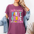 First Grade Teacher Bow Checkered Back To School Cute Coquette Comfort Colors Tee