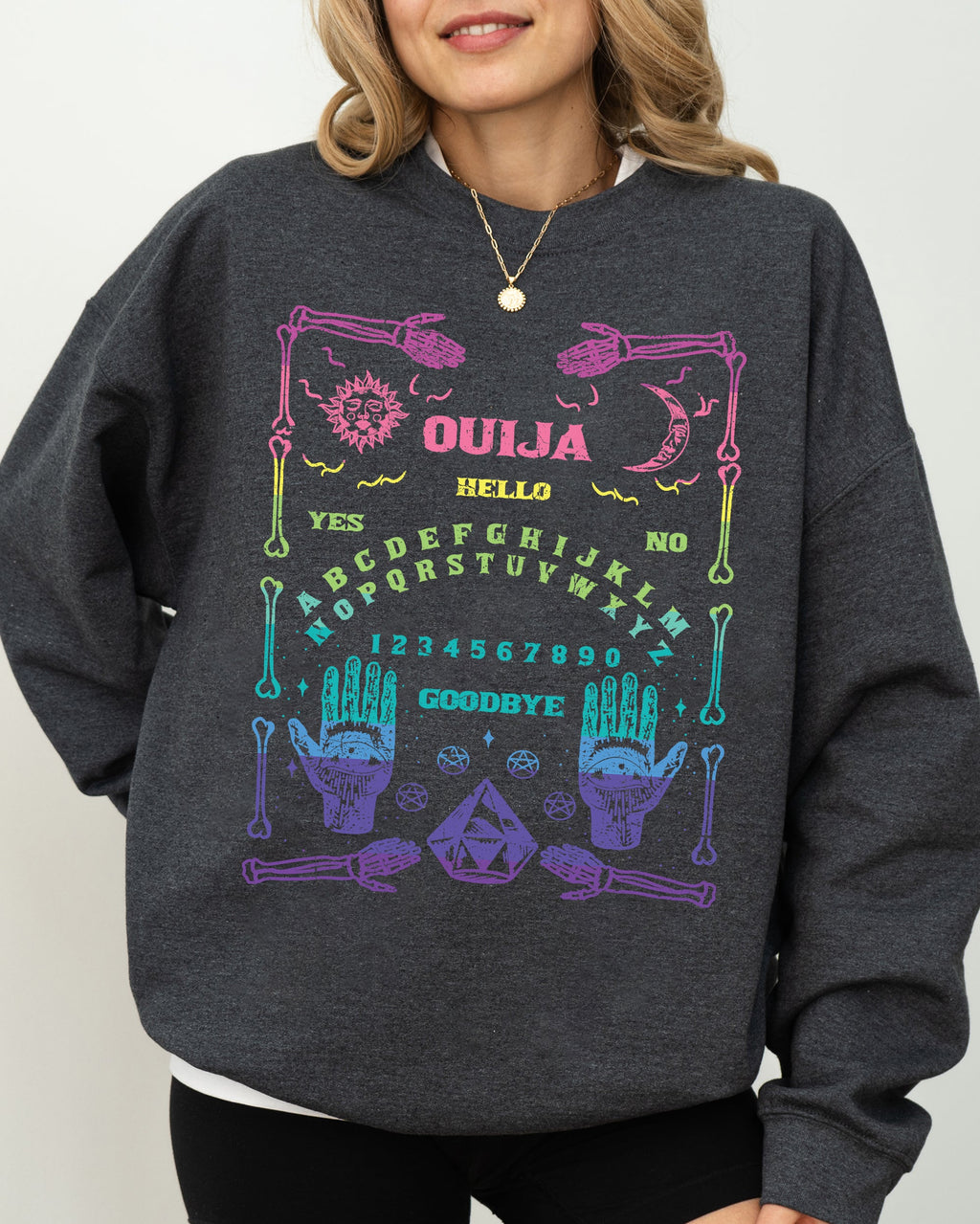 Spirit Board Ouija Skeleton Spooky Witch Halloween Costume Meme Graphic Sweatshirt