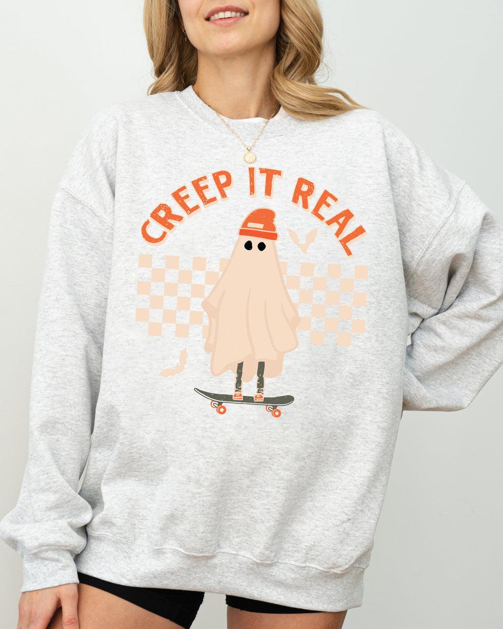 Creep It Real Retro Ghost Skeleton Witch Halloween Meme Nostalgic Spooky Vibe Sweatshirt