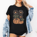 Pumpkins and Flowers Watercolor Halloween Autumn Scene Botanical Whimsy Graphic Tee