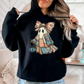 Retro Halloween Faux Denim Ghost Patchwork Spooky Ghost Coquette Hooded Sweatshirt