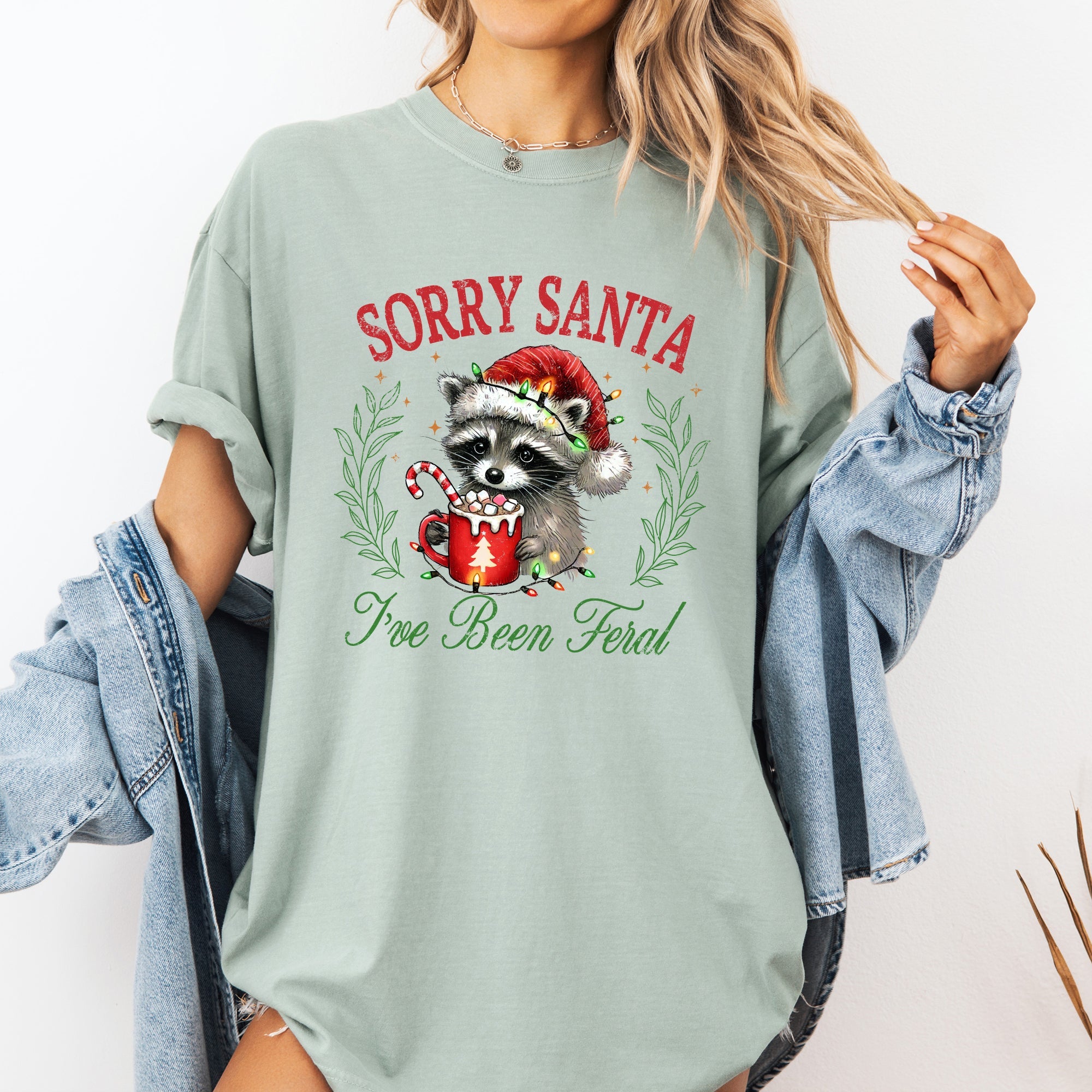 Sorry Santa, I've Been Feral Raccoon Hot Chocolate Christmas Design Comfort Colors Tee