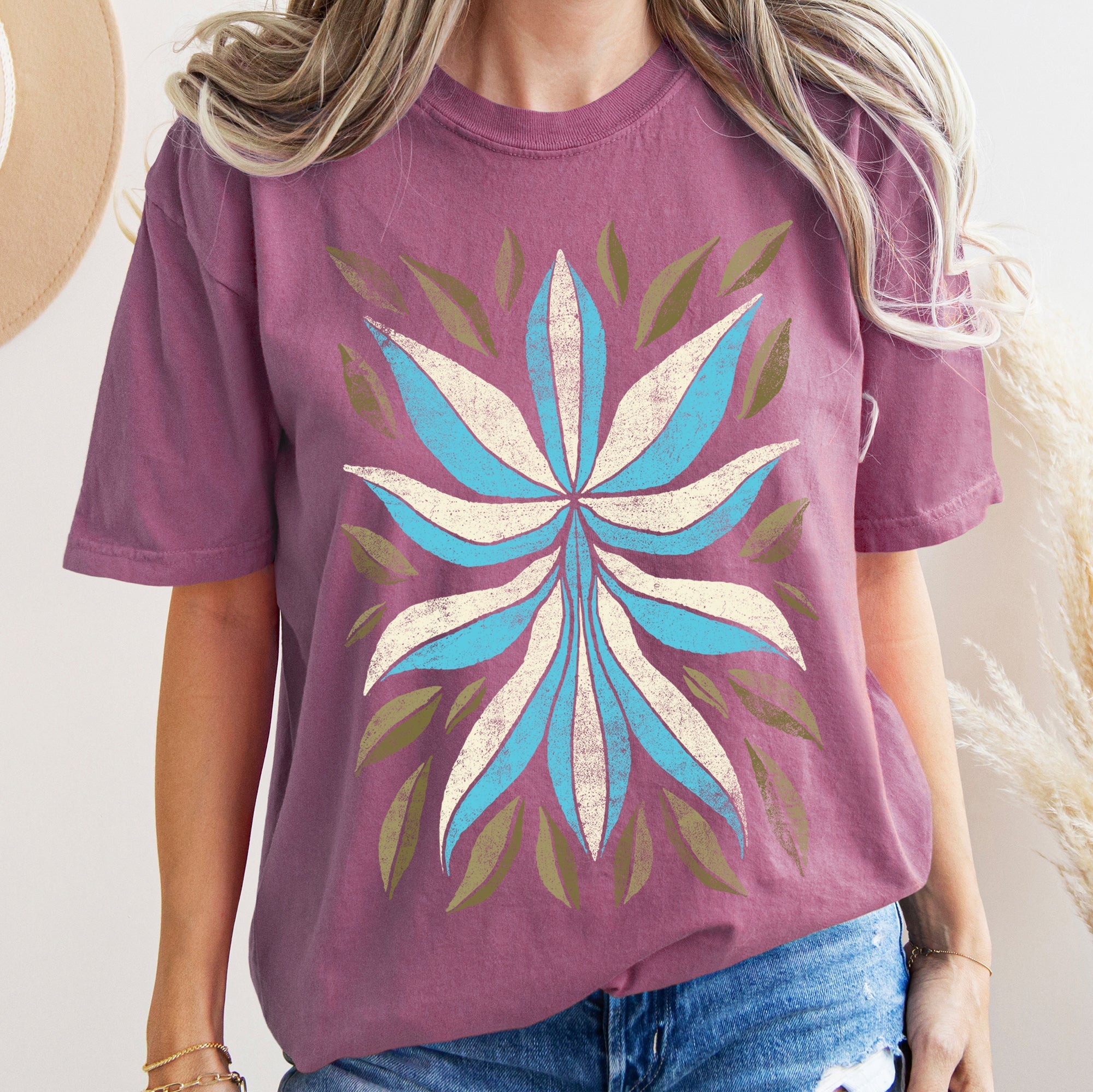 Boho Folk Art Flower And Leaves Boho Inspired Floral Motif With Leaf Accents Comfort Colors Tee