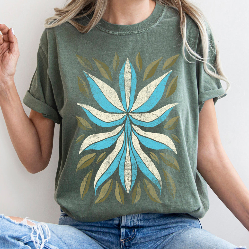 Boho Folk Art Flower And Leaves Boho Inspired Floral Motif With Leaf Accents Comfort Colors Tee