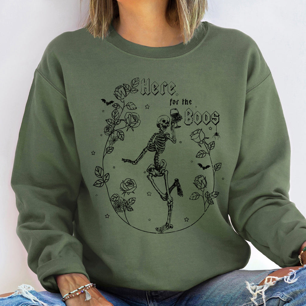 Here For The Boos Halloween Night Festive Spooktacular Cozy Vintage Haunted Season Graphic Illustration Sweatshirt