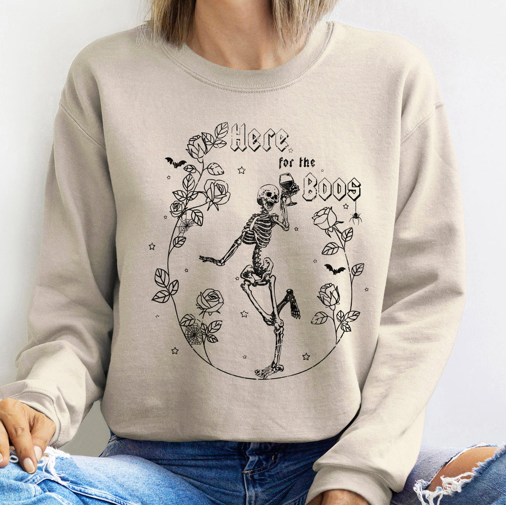 Here For The Boos Halloween Night Festive Spooktacular Cozy Vintage Haunted Season Graphic Illustration Sweatshirt