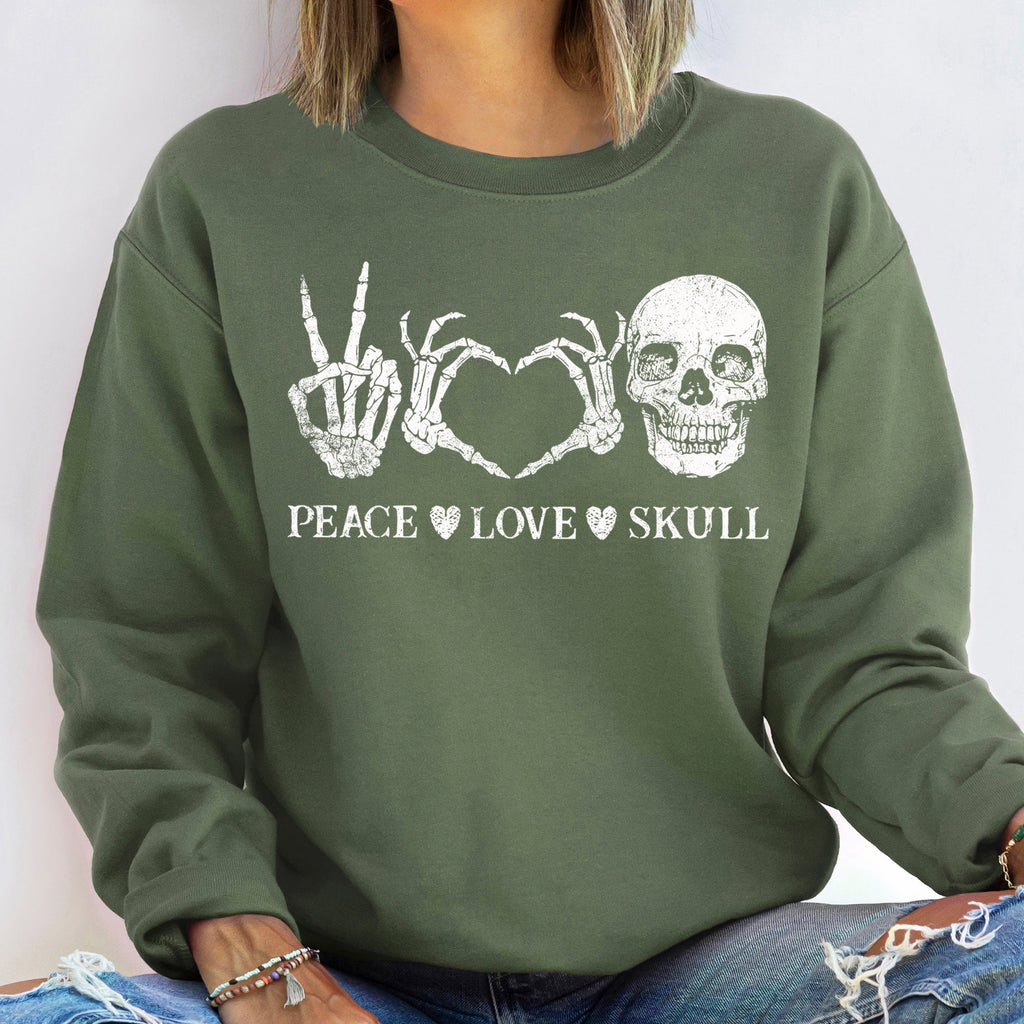 Peace Love Skull Halloween Graphic Illustration And Comfort Fit Design Sweatshirt